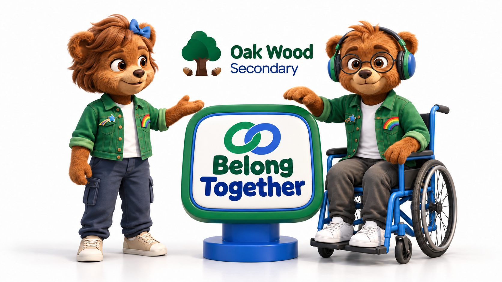 Comet and Buzz, Oak Wood’s two bear mascots, beside the Belong Together and Oak Wood Secondary logos